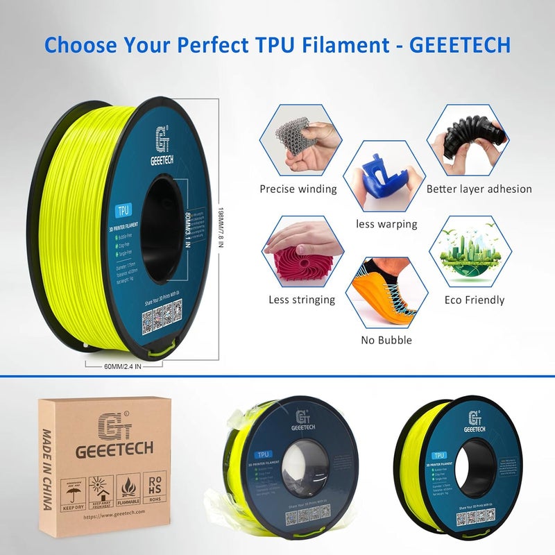 Geeetech TPU Filament 1.75mm, Shore 95A Flexible 3D Printer Filament with High Elasticity, 1KG (2.2lbs) Spool, Dimensional Accuracy ±0.03mm, Fits Most FDM Printers (Yellow) - Image 3